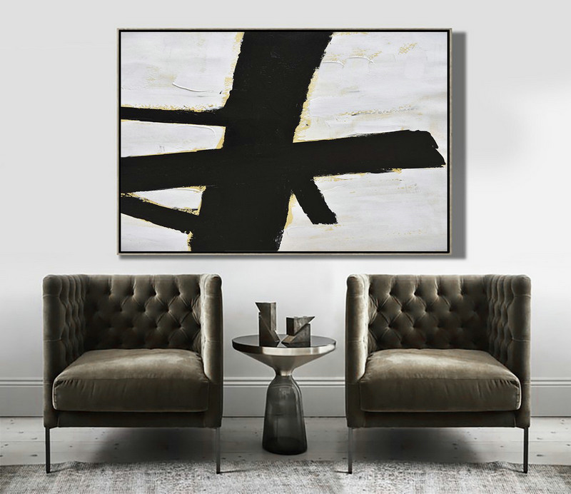 Modern Art Abstract Painting,Horizontal Palette Knife Minimal Canvas Art Painting Black White Beige - Contemporary Canvas Paintings